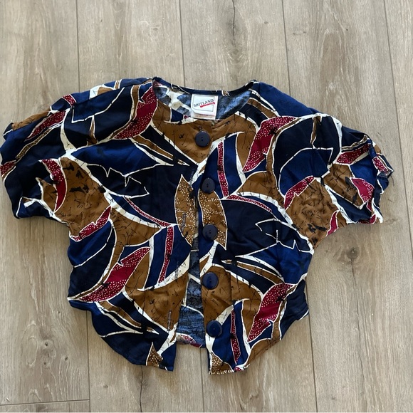Vintage Britland Small Blouse Floral Black Crop Top Button Front Shirt Navy Gold - Picture 1 of 6